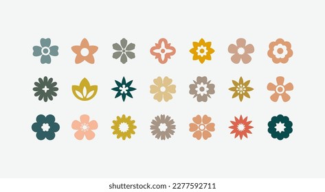Flat flower color icons set. Simple flower silhouette. Retro aesthetic elements. Vector illustration.