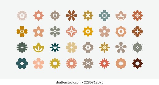 Flat flower color icons set. Simple flower silhouette. Retro aesthetic elements. Vector illustration.