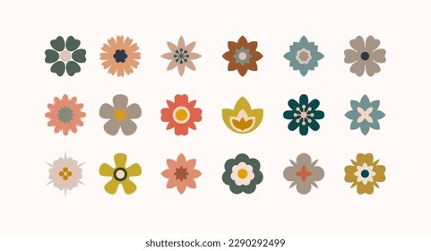 Flat flower color icons set. Simple flower silhouette. Retro aesthetic elements. Vector illustration.