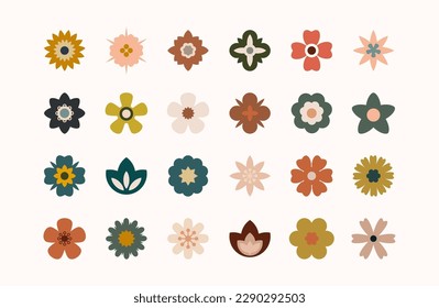 Flat flower color icons set. Simple flower silhouette. Retro aesthetic elements. Vector illustration.