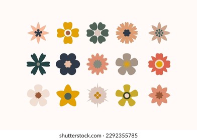 Flat flower color icons set. Simple flower silhouette. Retro aesthetic elements. Vector illustration.