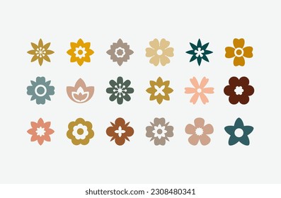 Iconos de color de flor plana. Silueta floral simple. Elementos estéticos retro. Ilustración vectorial.