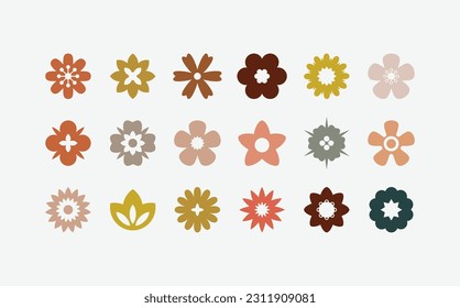 Flat flower color icons set. Simple flower silhouette. Retro aesthetic elements. Vector illustration.