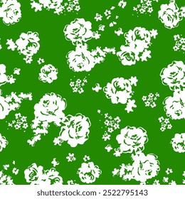 Desenho de flor plana. Silhuetas de flores lilás florescentes em estilo vintage. Elegante padrão botânico sem costura feito de flores da primavera. Ornamento de natureza para têxtil, tecido, papel de parede, design de superfície.