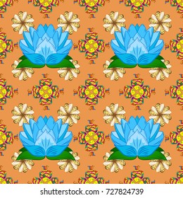 Flat Flower Elements Design. In asian textile style. Flowers on orange, blue and yellow colors. Seamless flowers pattern. Colour Spring Theme seamless pattern Background. Vector illustration.