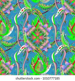 Flat Flower Elements Design. Colour Summer Theme seamless pattern Background. Flowers on blue, green and neutral colors. Seamless Floral Pattern in Vector illustration.