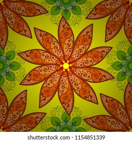 Flat Flower Elements Design. Colour Spring Theme seamless pattern Background. Flowers on yellow, orange and brown colors. Seamless Floral Pattern in Vector illustration.