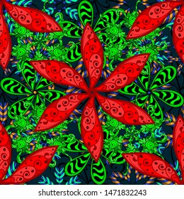 Flat Flower Elements Design. Colour Spring Theme seamless pattern Background. Flowers on green, blue and red colors. Nice flower vector pattern.