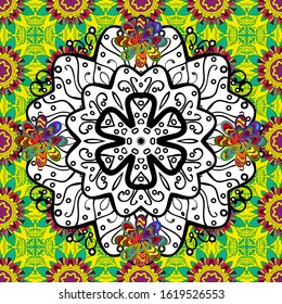 Flat Flower Elements Design. Colour Spring Theme seamless pattern Background. Seamless pattern with flower. Flowers on yellow, white and black colors.