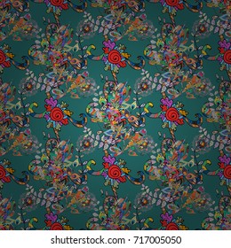 Flat Flower Elements Design. Colour Spring Theme seamless pattern Background. Vector Fashionable fabric pattern. Cute flowers pattern with blue, gray and neutral colors.