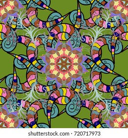 Flat Flower Elements Design. Colour Summer Theme seamless pattern Background. Flowers on green, blue and black colors. Seamless retro pattern with flowers.