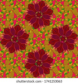 Flat Flower Elements Design. Cute flower vector pattern. Seamless Colour Spring Theme seamless pattern Background. Flowers on green, red and orange colors.