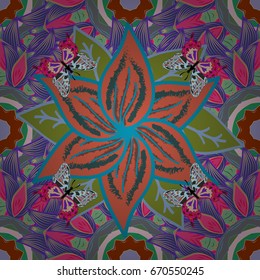 Flat Flower Elements Design. Cute flower vector pattern. Colour Spring Theme seamless pattern Background. Flowers on colorful background.