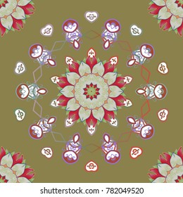 Flat Flower Elements Design. Cute flower vector pattern. Seamless Colour Spring Theme seamless pattern Background. Flowers on neutral, white and red colors.