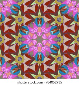 Flat Flower Elements Design. Cute flower vector pattern. Colour Spring Theme seamless pattern Background. Flowers on brown, violet and blue colors.