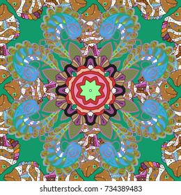 Flat Flower Elements Design. Floral seamless pattern background, summer flowers. Colour Spring Theme seamless pattern Background. Flowers on green, brown and blue colors.