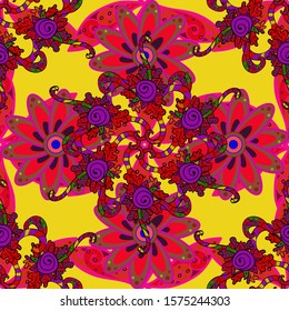 Flat Flower Elements Design. Flowers on yellow, red and magenta colors. Seamless Floral Pattern in Vector illustration. Colour Spring Theme seamless pattern Background.
