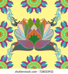 Flat Flower Elements Design. Nice flower vector pattern. Colour Spring Theme seamless pattern Background. Flowers on yellow, green and blue colors.