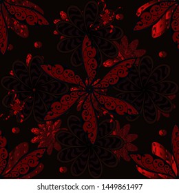 Flat Flower Elements Design. Seamless flowers pattern. In asian textile style. Colour Spring Theme seamless pattern Background. Flowers on brown, red and black colors. Vector illustration.