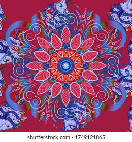 Flat Flower Elements Design Vector illustration. Flowers on red, neutral and blue colors. Colour Spring Theme seamless pattern Background. Floral seamless pattern background.