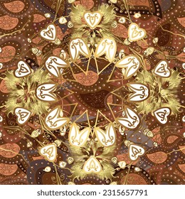 Flat Flower Elements Design Vector illustration. Flowers on brown, yellow and white colors.Colour Spring Theme seamless pattern Background. Seamless floral pattern with flowers, watercolor.