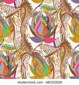 Flat Flower Elements Design. Vector Cute fabric pattern. Seamless vintage. Colour Spring Theme seamless pattern Background.