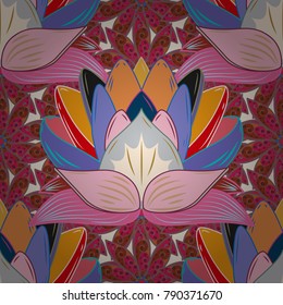 Flat Flower Elements Design. Vector illustration. Doodle flower. Cute fabric pattern. Colour Spring Theme seamless pattern Background. Zentangle abstract flowers.