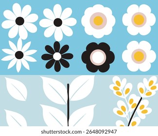 Flat flower and foliage vector set on light blue background. Features clean white flowers, dark leaves, and soft pastel accents.