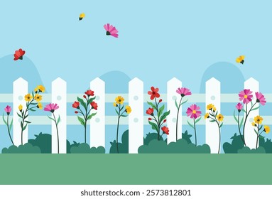 Flat flower garden with fences in spring background vector illustration