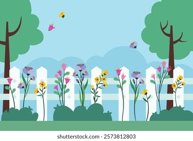 Flat flower garden with fences in spring background vector illustration