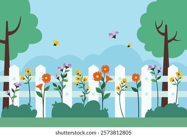 Flat flower garden with fences in spring background vector illustration