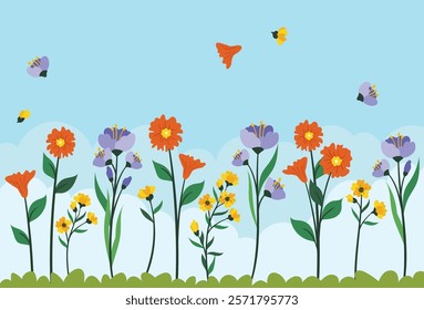 Flat flower garden in spring background vector illustration