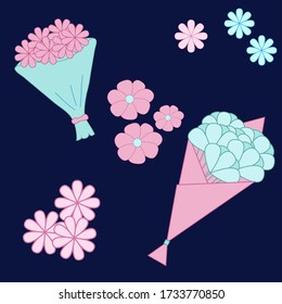 Flat flower icon isolated on dark background. Cute design in pastel colors for stickers, labels, tags, gift wrapping paper, wedding invitations, flower studio. Beautiful flower bouquet