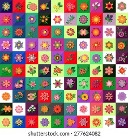 Flat Flower Icons Set - Isolated On Mosaic Background - Vector Illustration, Graphic Design, Editable For Your Design 