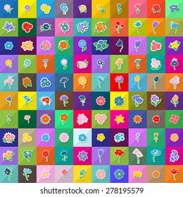 Flat Flower Icons Set - Isolated On Mosaic Background - Vector Illustration, Graphic Design, Editable For Your Design 