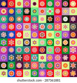 Flat Flower Icons Set - Isolated On Mosaic Background - Vector Illustration, Graphic Design, Editable For Your Design