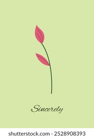 Flat flower on a green background. Greeting card, with inscription. Sincerely.  Red blooming flower. 