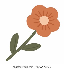 Flor plana com pétalas redondas em laranja rústico e um centro bege, lúdico e mínimo.