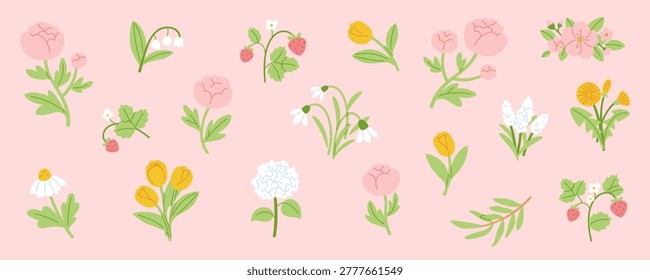 Flat flower set. Cartoon blooming plants collection. Vector flowers bundle.