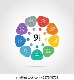 Flat flower shaped abstract presentation infographic chart. Numbered with icons. Isolated on white background. Vector graphic template.