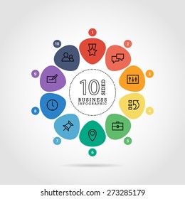 Flat flower shaped abstract presentation infographic chart. Numbered with icons. Isolated on white background. Vector graphic template.