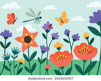 Flat flower spring landscape background - Butterfly, Sympetrum flaveolum, Ladybird