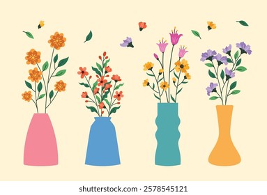 Flat flower in vase collection vector illustration