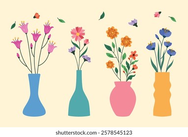 Flat flower in vase collection vector illustration