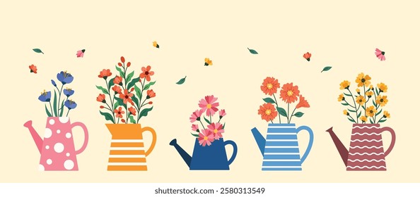 Flat flower in a watering can collection vector illustration