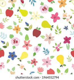 Flat flowers apple and pear, mixed colorful background seamless pattern.	