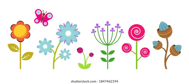 Flat flowers border. Colorful abstract floral elements, decorative children plants vector clipart