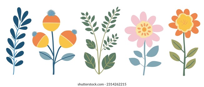 Flat flowers kit isolated on white background, Vector plant set Doodle illustration, Cute Decorative style