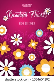 Flat flowers on a sketches background. Floral banner. Vector illustration