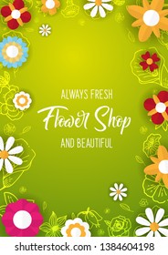 Flat flowers on a sketches background. Floral banner. Vector illustration